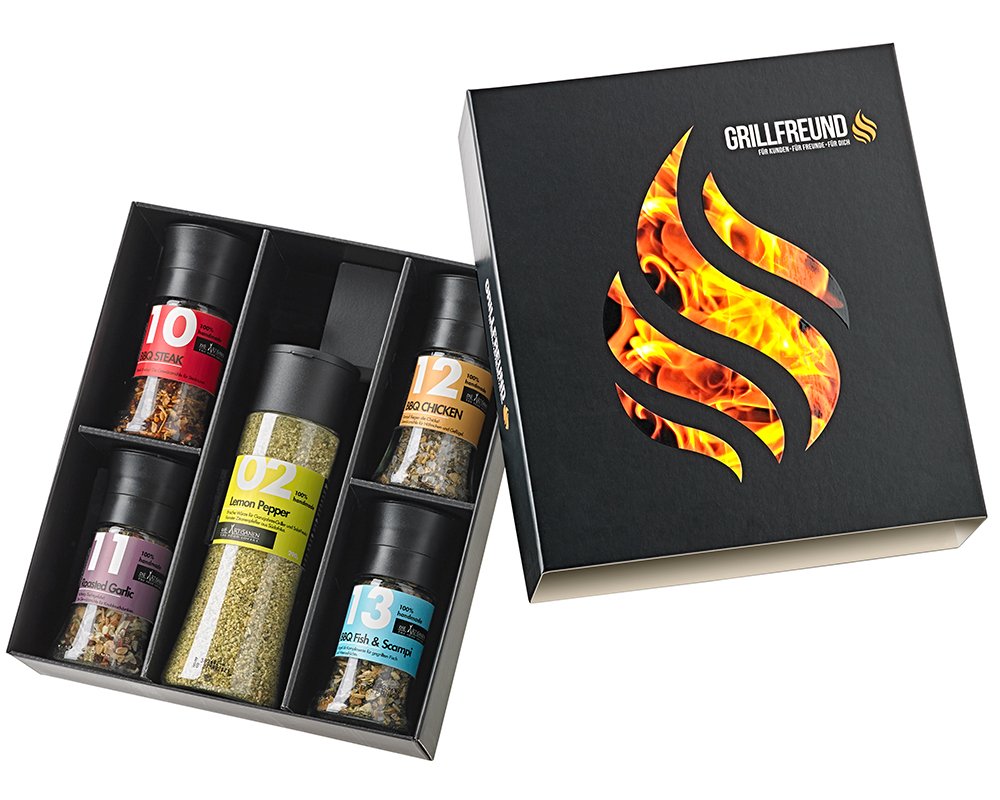 Grill-Geschenkset High Five. Mit dieser Geschenkbox werden Grillfreunde lange Spa� haben.