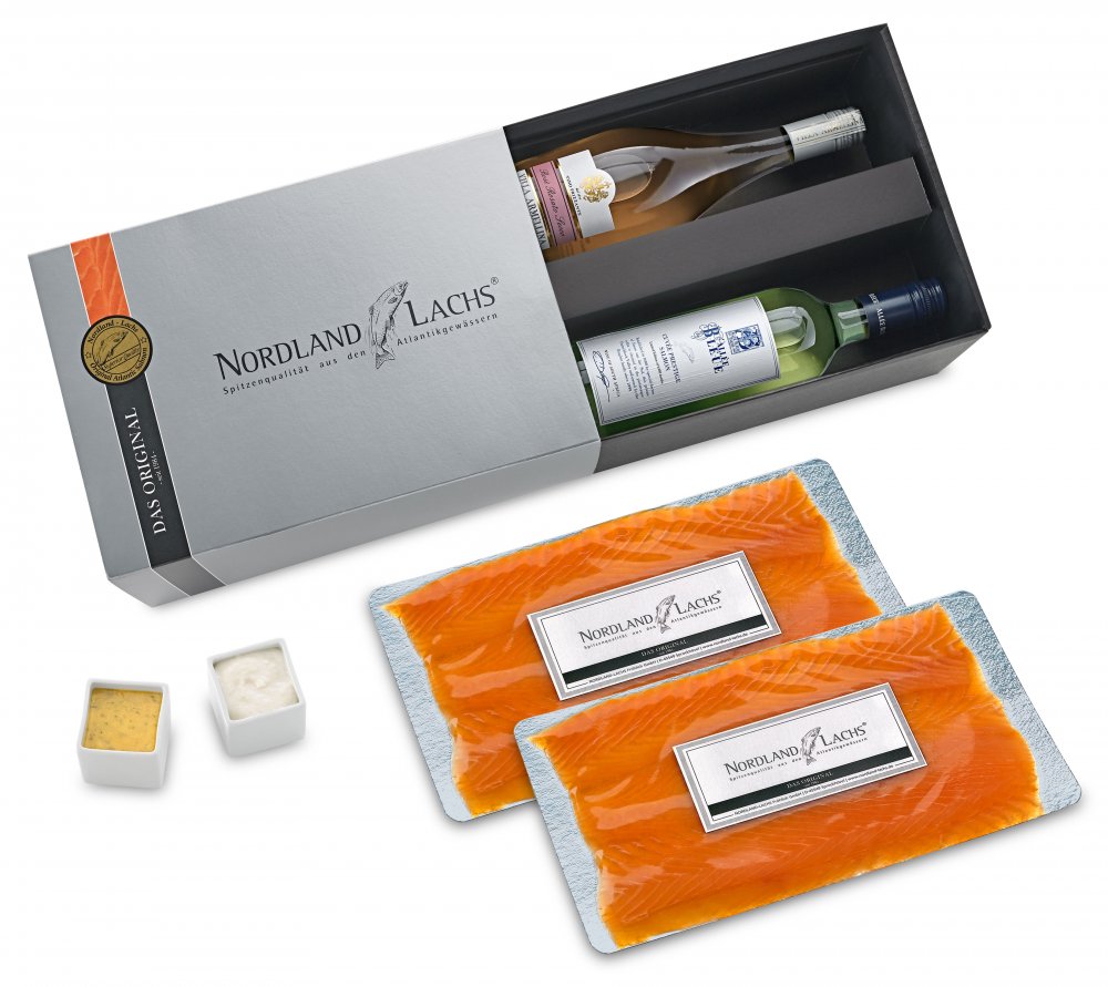 Lachspr�sent Perfect Dinner mit 300g R�ucherlachs, Wei�wein in limitierter Abf�llung + Ros� Rosato