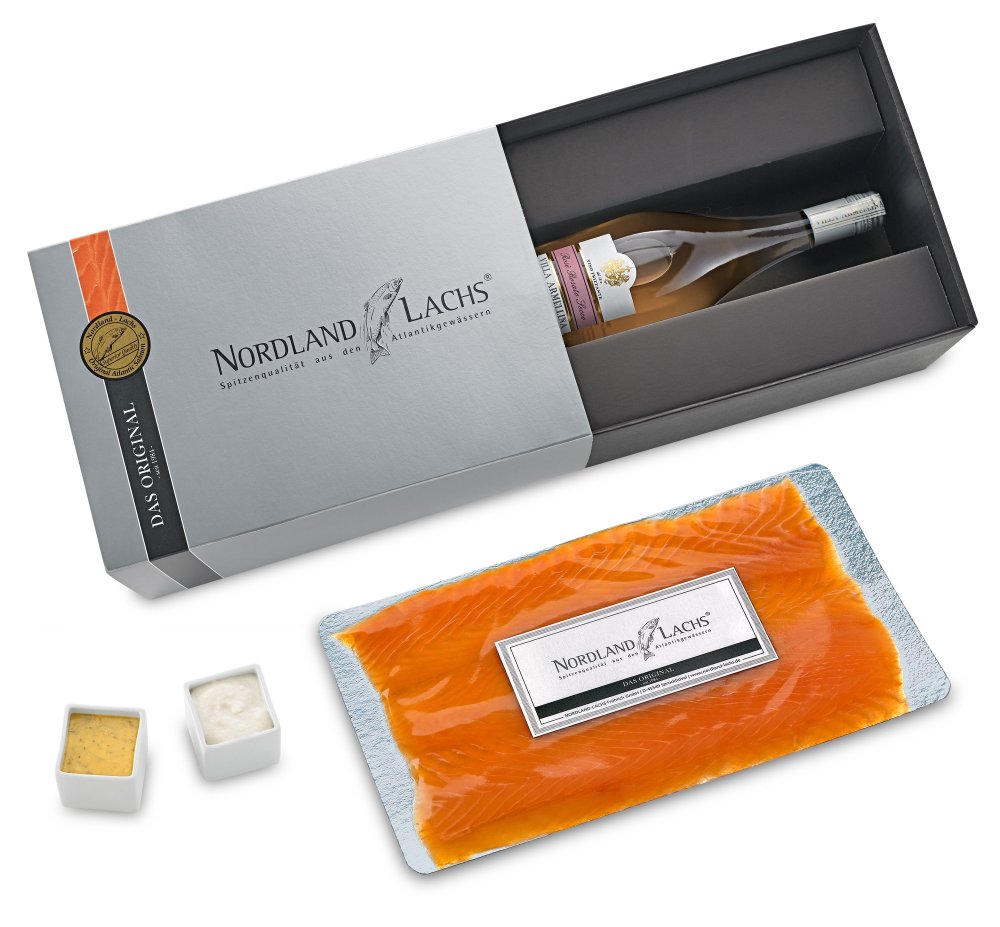 Lachspr�sent Ros� Elegance mit 150g Premium R�ucherlachs und Ros� Rosato Secco