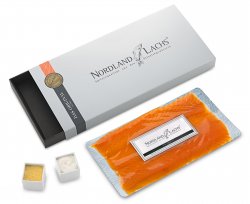 Lachs-Geschenk First Choice 150g Ultra-Premium R�ucherlachs horizontal geschnitten mit 2 Lachssaucen